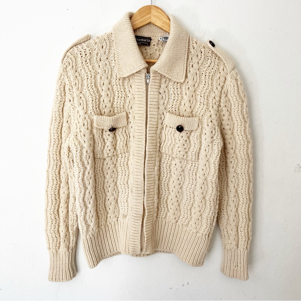 Gaeltarra Yellow Cream New Wool Irish Fisherman Sweater Zip Up Cardigan L